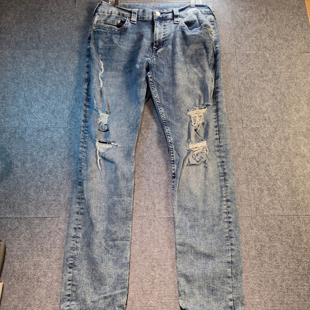 True Religion Geno Relaxed Slim Mens 36 Light Wash Good Distressed Ripped Jeans